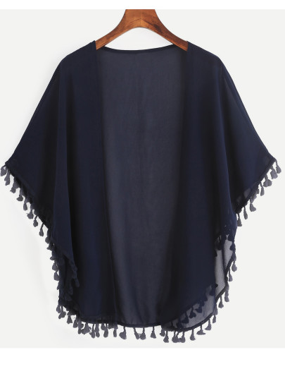 Tasseled Trimmed Open Front Chiffon Kimono