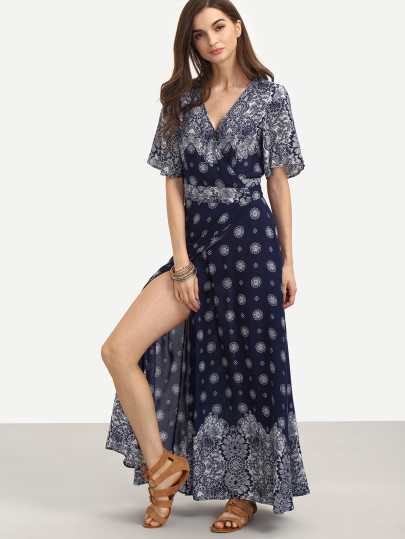 Tribal Print Surplice Bell Sleeve Slit Dress