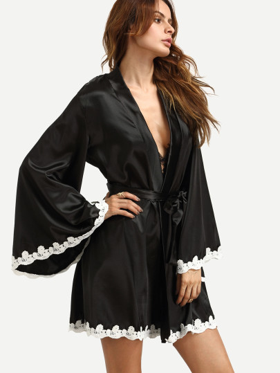Crochet Trimmed Self Tie Kimono Robe