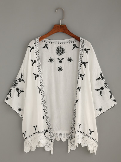 Scalloped Crochet Trimmed Embroidered Kimono