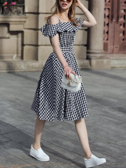Open Shoulder Flounce Flare Dress