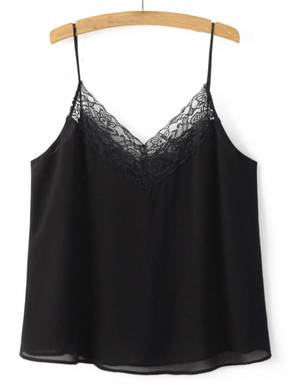 Top escote V tirante fino encaje gasa -negro