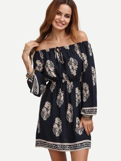 Navy Off The Shoulder Long Sleeve Dress