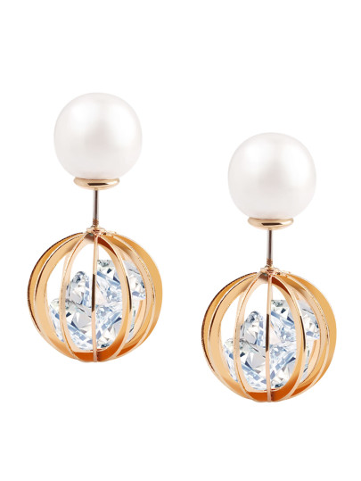 Pearl Rhinestone Hollow Globe Double Stud Earrings