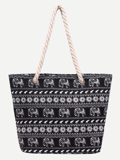 Henkeltasche mit Folklore Druck - schwarz
