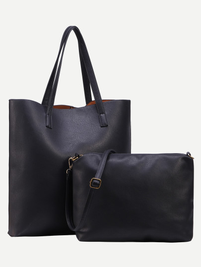 Black Faux Leather Tote Bag With Crossbody Bag