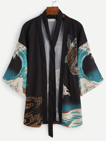 Kimono imprimé poisson et vague avec ceinture