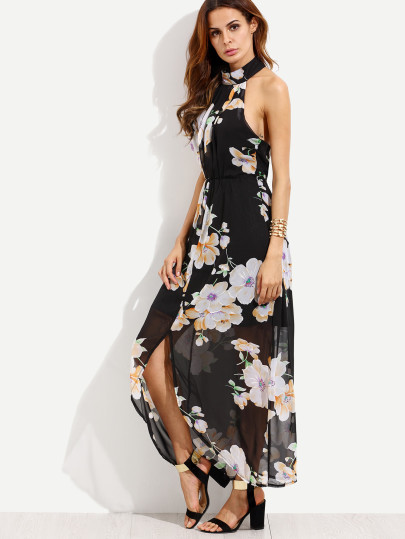 Robe en mousseline motif fleuri ras de cou - noir