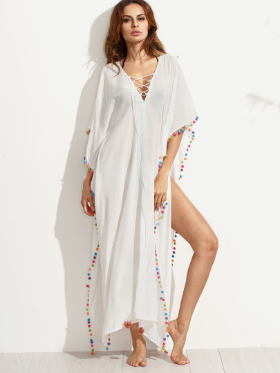 Lace-up V-cut Pom-pom Trim Split Beach Dress
