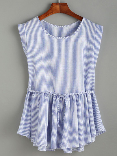 Bluse mit Rüschen und vertikalen Streifen - blau