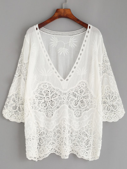 Hollow Out Crochet Insert Embroidered Blouse