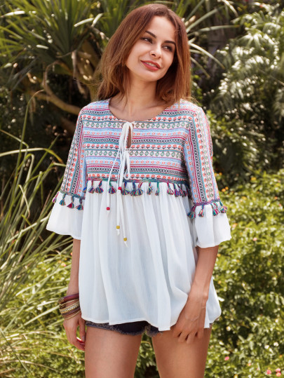 Embroidered Tassel Trim Tie Bell Sleeve Blouse