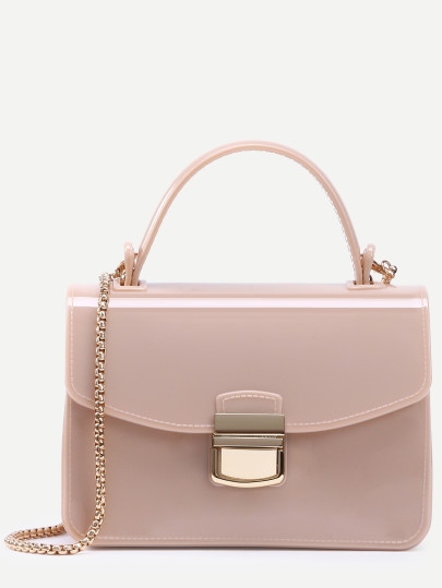 Apricot Pushlock Closure Plastic Flap Bag With Chain