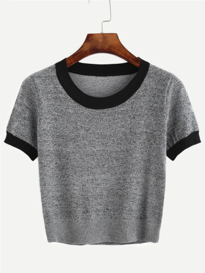Grey Contrast Trim Knitted T-shirt