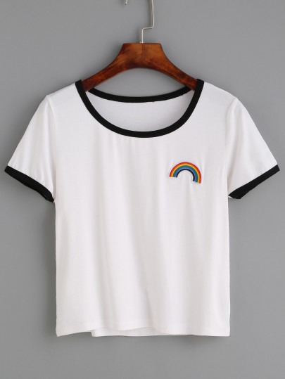Contrast Trim Rainbow Embroidered T-shirt