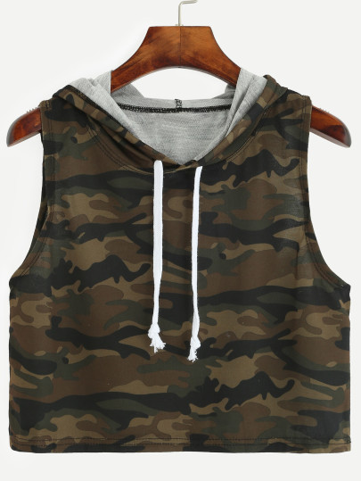 Camo Print Crop Hoodie Top
