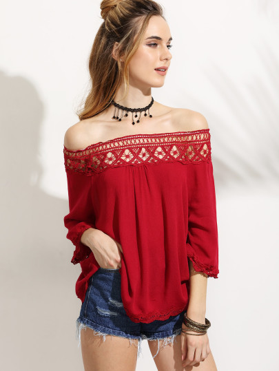 Blouse col bateau avec insertion crochet - rouge