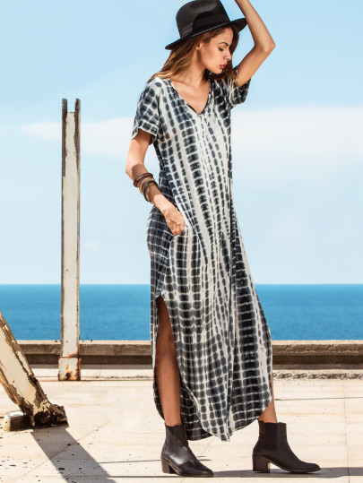 Cloud Wash V Neck Curved Hem Long Tee Dress
