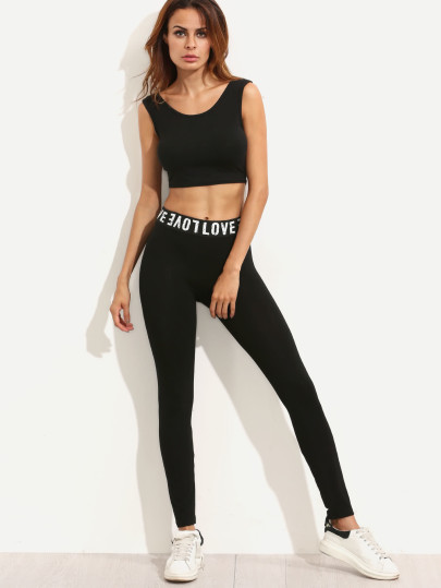 Leggings élastiques imprimé lettres - noir