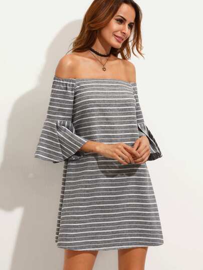 Grey Striped Ruffle Sleeve Off The Shoulder Dress