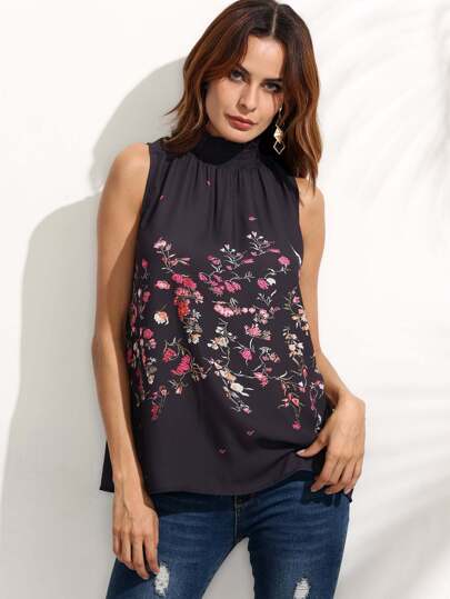 High Neck Button Keyhole Back Blouse