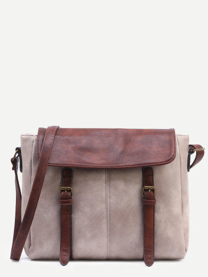 Grey Contrast Flap Dual Buckled Strap Messenger Bag