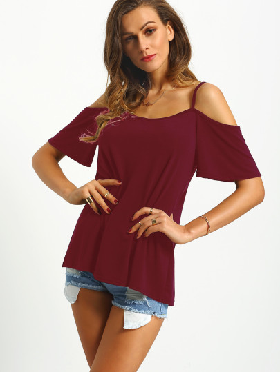 Wine Red Cold Shoulder Tee