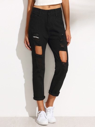 Cut Out Ripped Cuffed Jeans