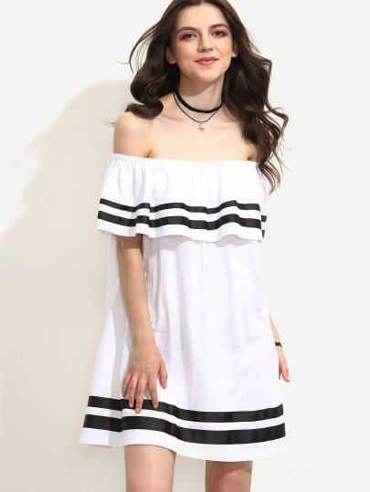 Robe col bateau plissé motif rayures - blanc
