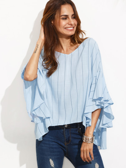 Blouse à rayures manche plissée dos en V - bleu