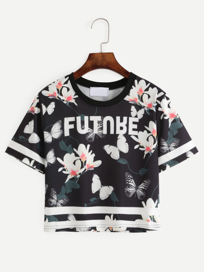 Black Flower and Butterfly Print Varsity T-shirt
