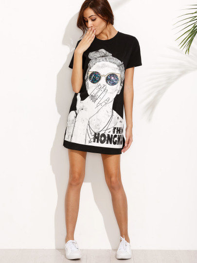 Girl Print Split Side Tshirt Dress
