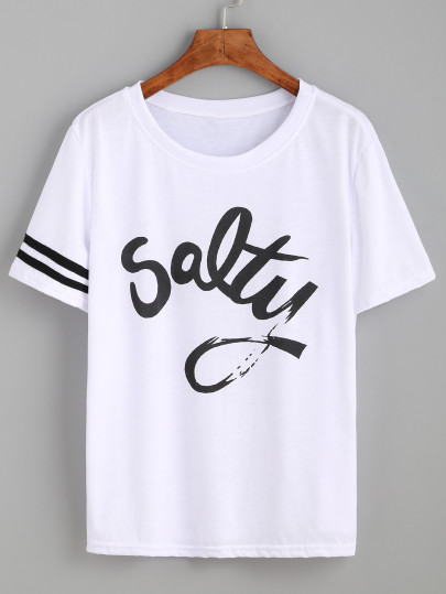 T-Shirt mit Streifen und Buchstaben Druck - weiß