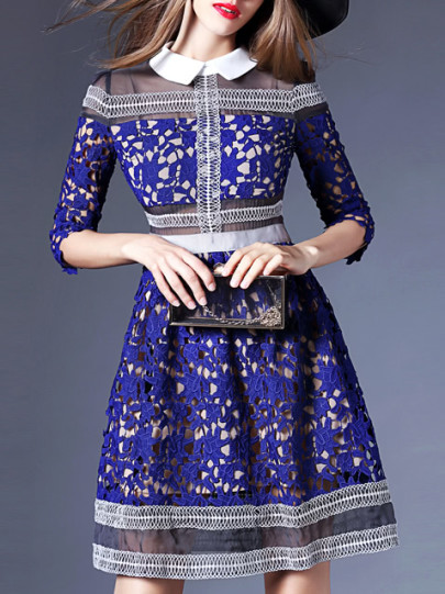 Blue Lapel Crochet Hollow Out A-Line Dress