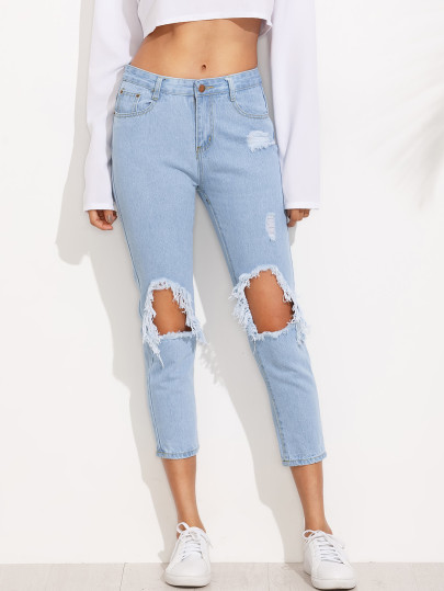 Pantaloni capri snelli strappati con bucchi al ginocchio - blu