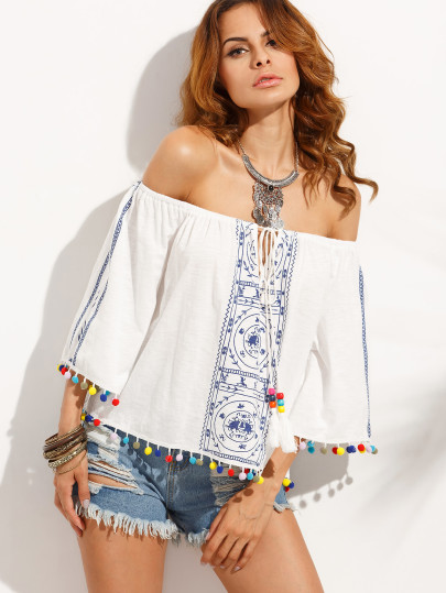 Bardot Print Lace Up Pom-pom Hem Blouse