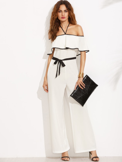 Halter Frill Tie Waist Contrast Binding Jumpsuit
