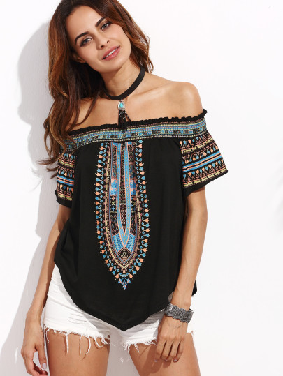 Print Bardot Neckline Asymmetrical Blouse