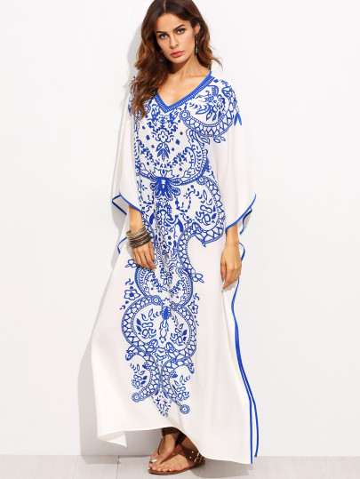 V Neckline Print Batwing Sleeve Kaftan Dress