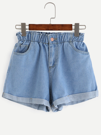 Short en denim taille élastique - bleu
