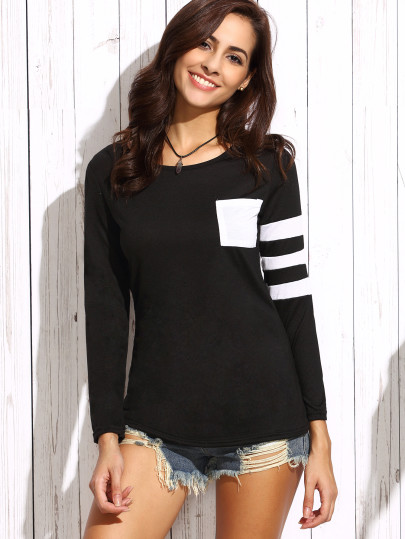 T-shirt asymétrique manche à rayures avec poches - noir