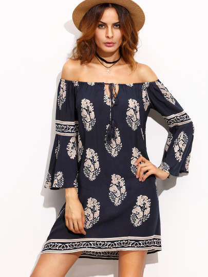 Print Tie Tassel Fluted Sleeve Bardot Dress