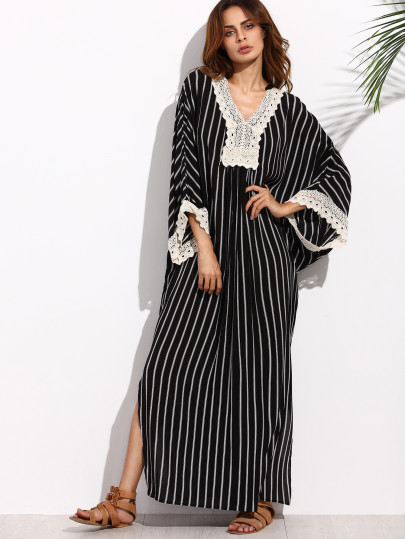 Maxi Vestito Collo V Applique A Strisce - Nero Bianco