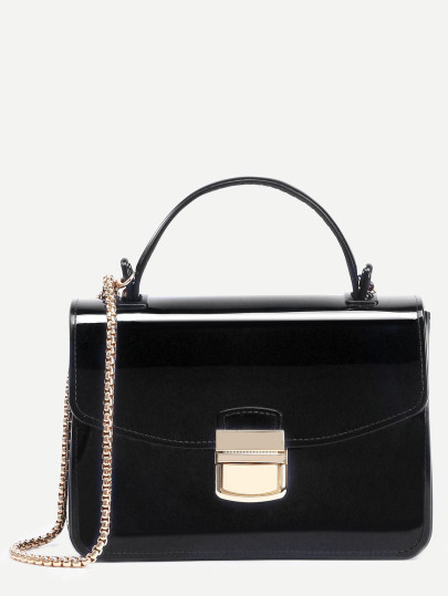 Black Pushlock Closure Box Handbag With Chain