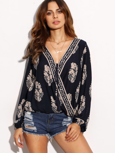 Blouse imprimé col V manche longue - bleu marine