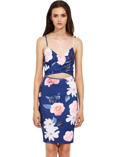 Spaghetti Strap Cut Out Floral Sheath Dress