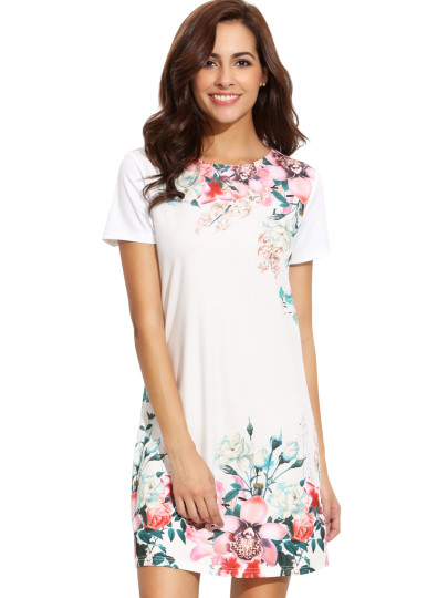 Robe imprimée fleuri blanche col rond