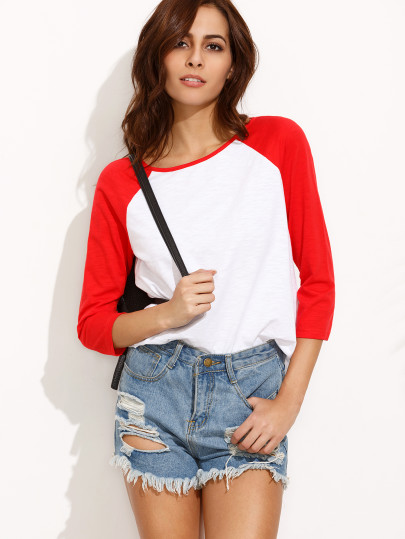 T-shirt bicolore col rond manche 3/4