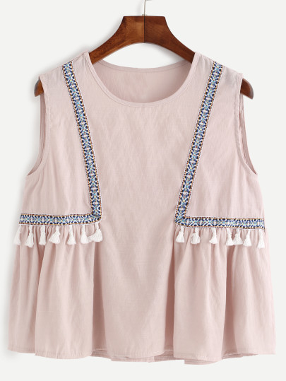 Embroidered Tape Detail Tassel Trim Top