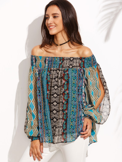 Blusa estampada hombro al aire manga con abertura - multicolor